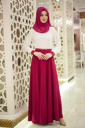 Neva Style - Kemerli Ekru/Fuşya Tesettür Elbise 41110F - 1
