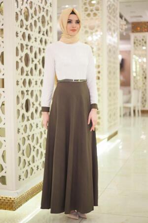 Neva Style - Kemerli Ekru/Haki Tesettür Elbise 41110HK - 1