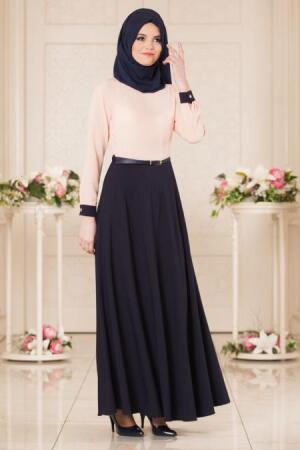 Neva Style - Kemerli Ekru/Lacivert Tesettür Elbise 41110L - 1
