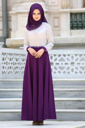 Neva Style - Kemerli Ekru/Mor Tesettür Elbise 41110MOR - 1