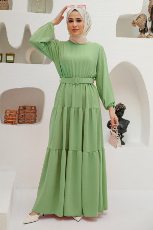 Neva Style - Kemerli Fıstık Yeşili Tesettür Elbise 13024FY - 1