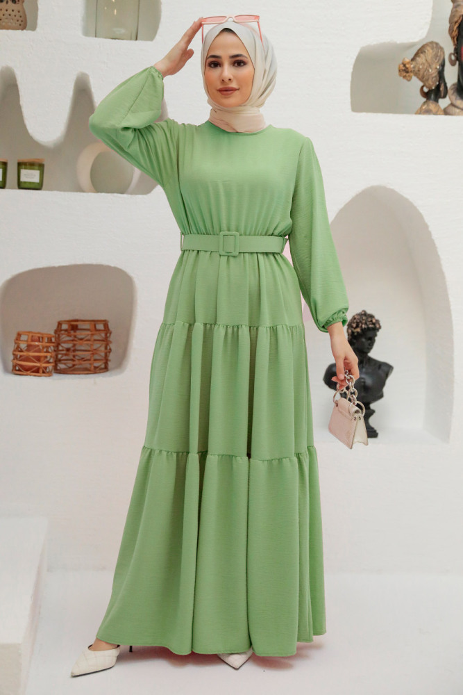 Neva Style - Kemerli Fıstık Yeşili Tesettür Elbise 13024FY - 1