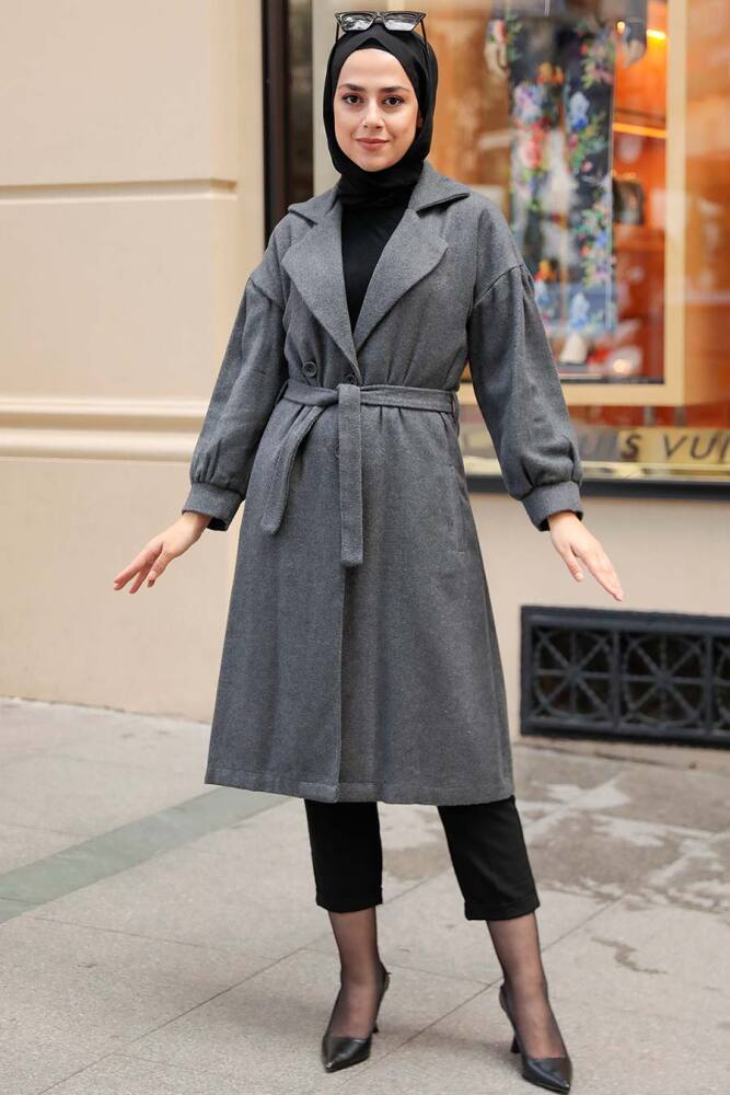 Neva Style - Kemerli Füme Tesettür Kaşe Kap 5802FU - 6