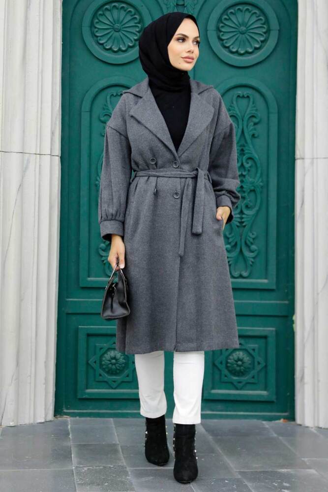 Neva Style - Kemerli Füme Tesettür Kaşe Kap 5802FU - 2