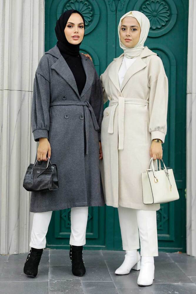 Neva Style - Kemerli Füme Tesettür Kaşe Kap 5802FU - 3