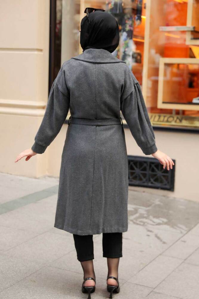 Neva Style - Kemerli Füme Tesettür Kaşe Kap 5802FU - 8