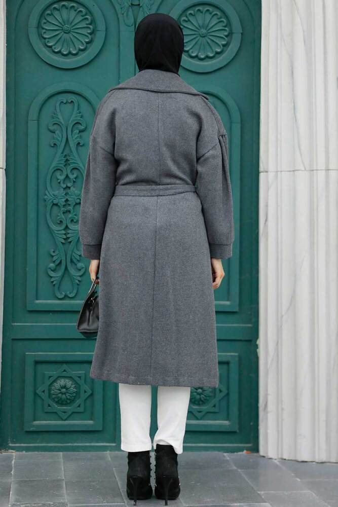Neva Style - Kemerli Füme Tesettür Kaşe Kap 5802FU - 5