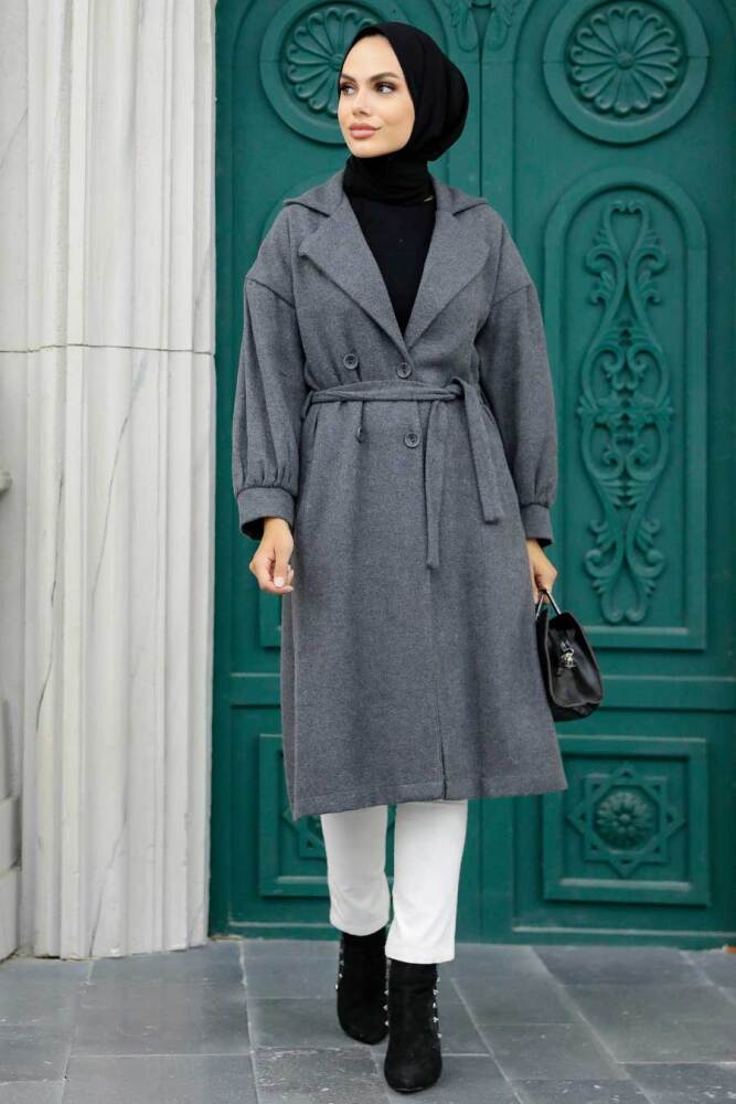 Neva Style - Kemerli Füme Tesettür Kaşe Kap 5802FU - NEVA STYLE