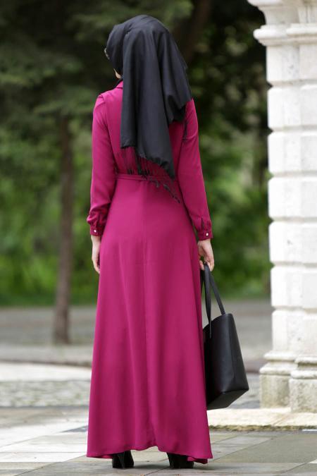 Neva Style - Kemerli Fuşya Elbise - 3