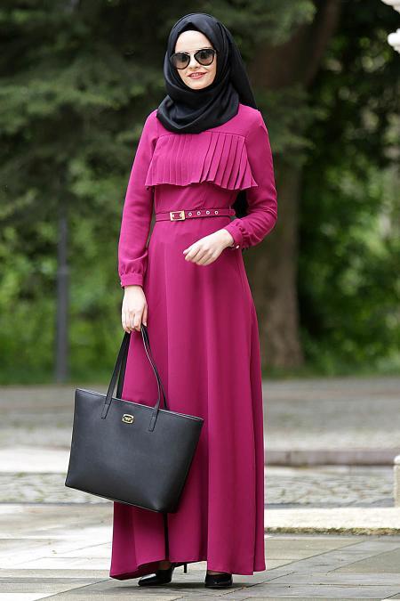 Neva Style - Kemerli Fuşya Elbise - 2