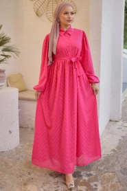 Neva Style - Kemerli Fuşya Tesettür Elbise 14121F - Thumbnail