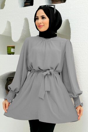 Neva Style - Kemerli Gri Tesettür Tunik 3795GR - 1