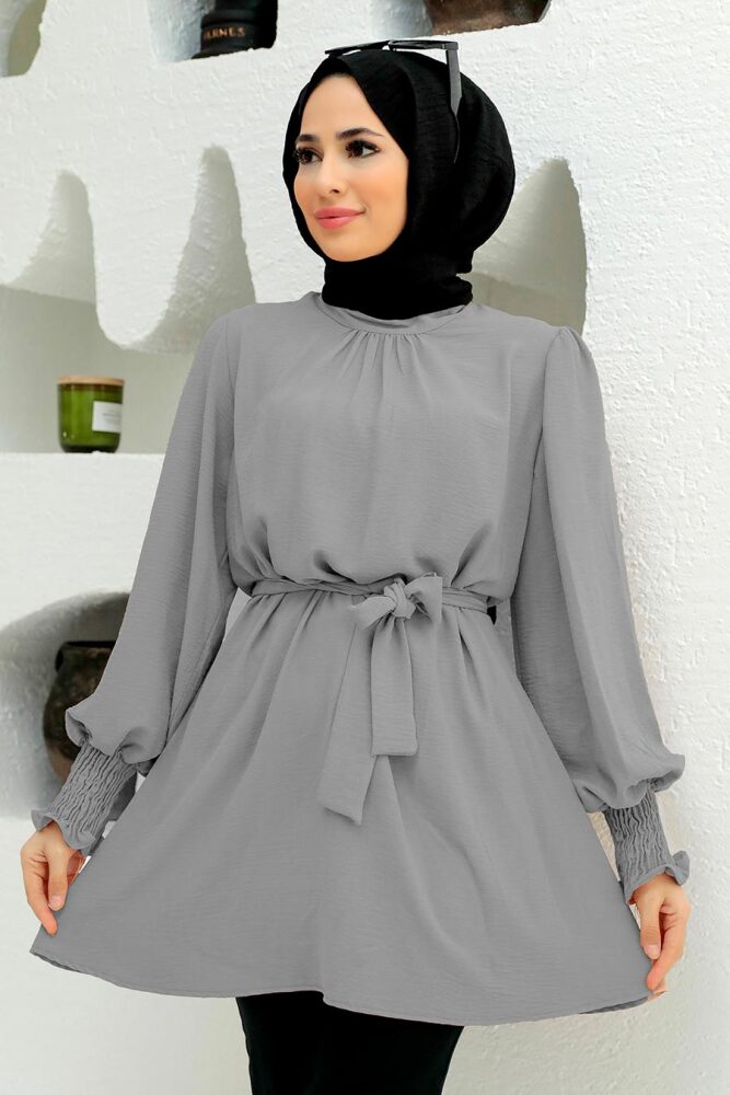 Neva Style - Kemerli Gri Tesettür Tunik 3795GR - 1
