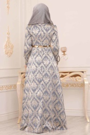 Neva Style - Kemerli Gri Tesettür Abiye Elbise 2367GR - Thumbnail