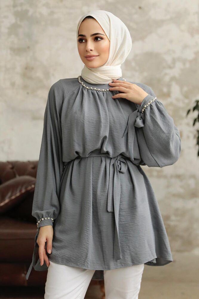 Neva Style - Kemerli Gri Tesettür Tunik 597GR - 1