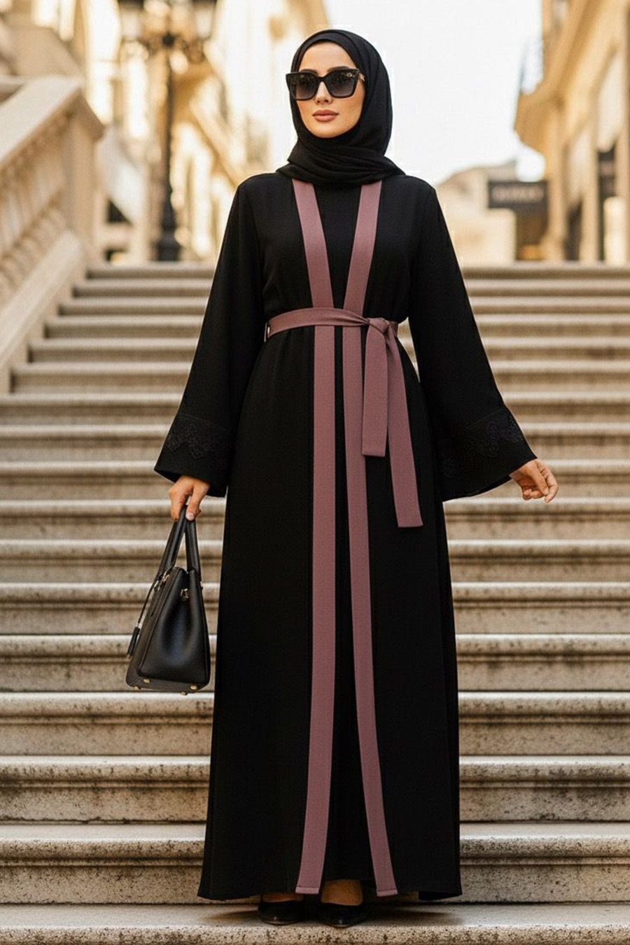  Kemerli Gül Kurusu Tesettür Abaya 55440GK
