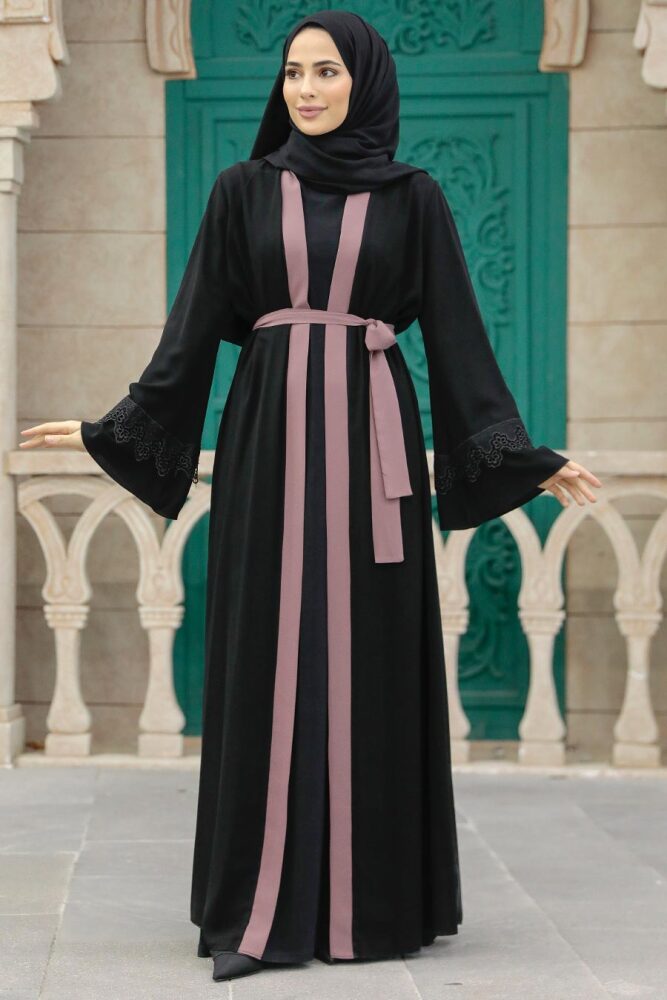 Neva Style - Kemerli Gül Kurusu Tesettür Abaya 55440GK - 1