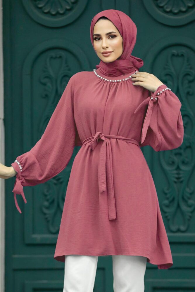 Neva Style - Kemerli Gül Kurusu Tesettür Tunik 597GK - 1