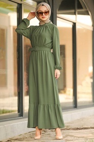 Neva Style - Kemerli Haki Tesettür Elbise 1137HK - Thumbnail