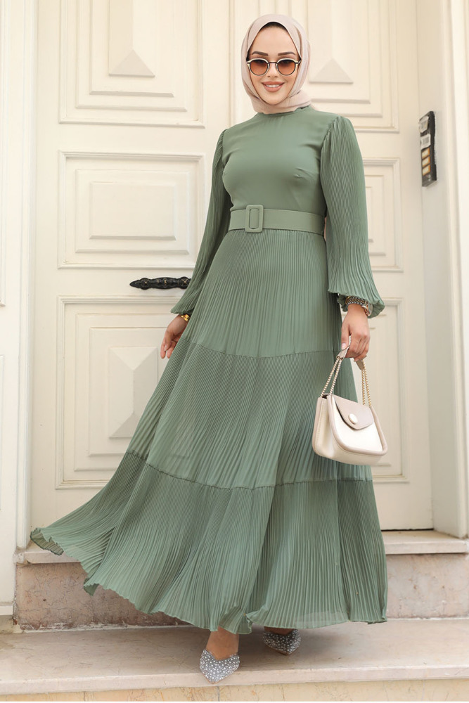 Neva Style - Kemerli Haki Tesettür Elbise 3590HK - 1