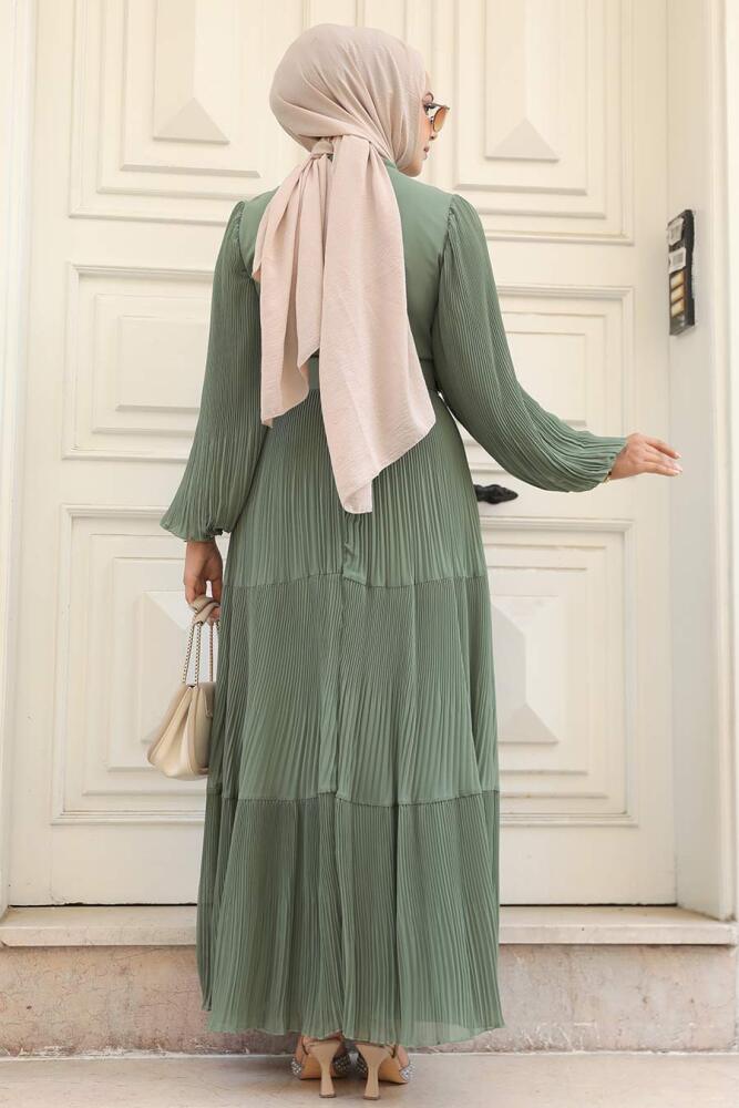 Neva Style - Kemerli Haki Tesettür Elbise 3590HK - 4