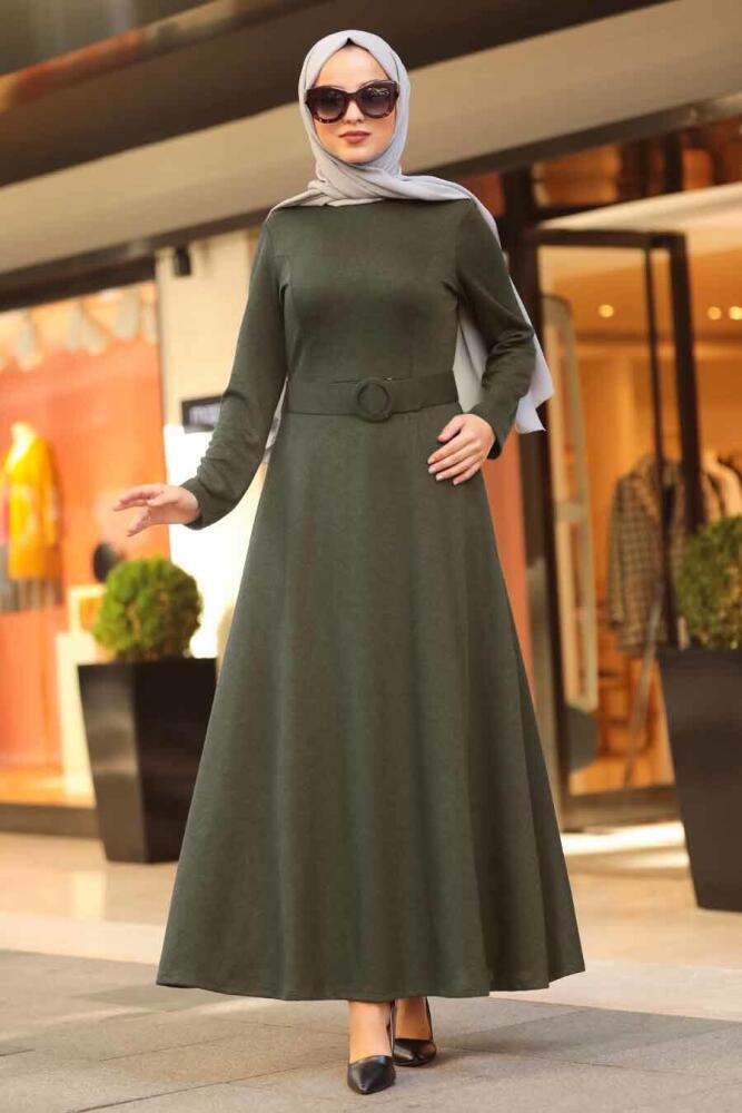 Neva Style - Kemerli Haki Tesettür Elbise 5062HK - 1