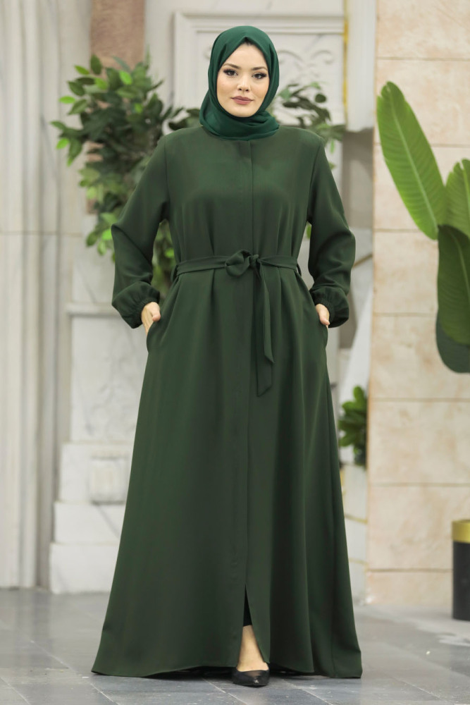 Neva Style - Kemerli Haki Tesettür Ferace 62534HK - 1