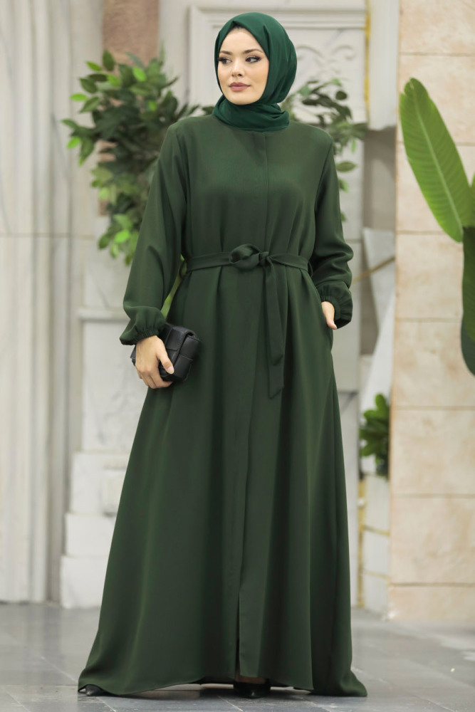 Neva Style - Kemerli Haki Tesettür Ferace 62534HK - 2