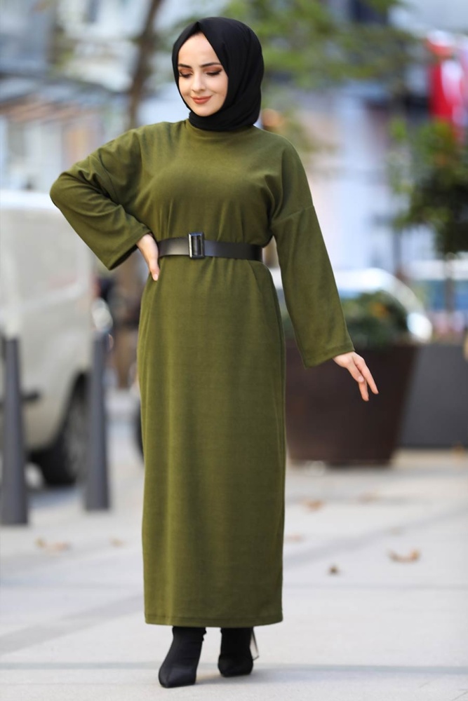 Neva Style - Kemerli Haki Tesettür Triko Elbise 5190HK - 1