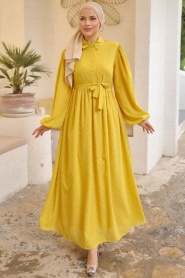 Neva Style - Kemerli Hardal Tesettür Elbise 14121HR - Thumbnail