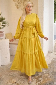 Neva Style - Kemerli Hardal Tesettür Elbise 14131HR - Thumbnail