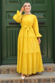Neva Style - Kemerli Hardal Tesettür Elbise 14131HR - Thumbnail