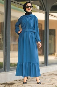 Neva Style - Kemerli İndigo Mavisi Tesettür Elbise 1137IM - Thumbnail