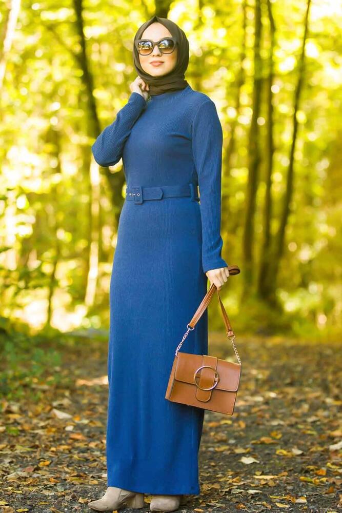Neva Style - Kemerli İndigo Mavisi Tesettür Triko Elbise 120120IM - 1