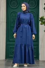 Neva Style - Kemerli İndigo Mavisi Tesettür Elbise 57350IM - Thumbnail