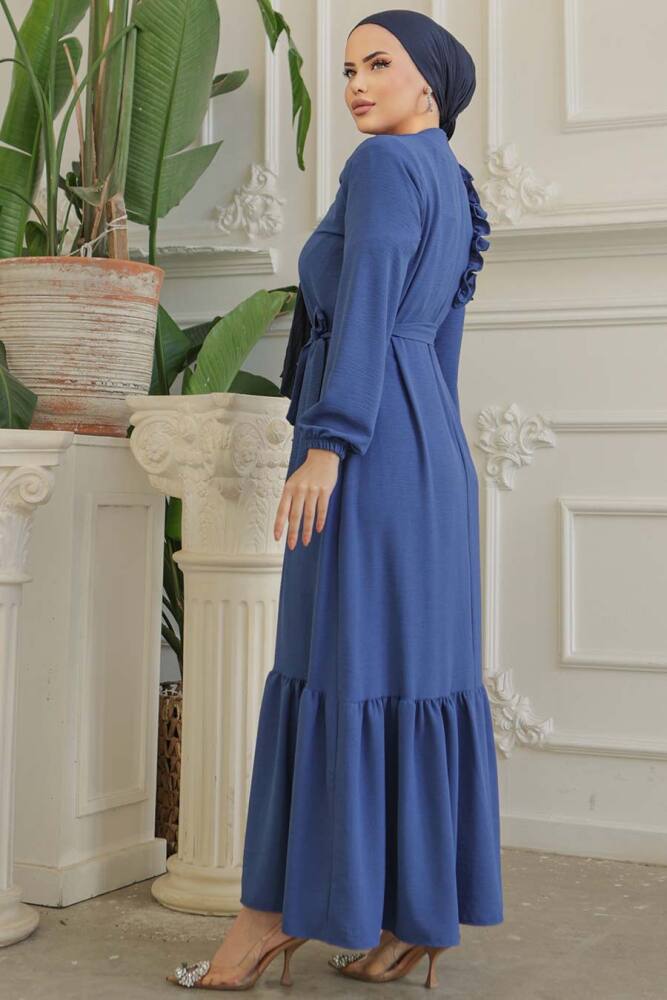 Neva Style - Kemerli İndigo Mavisi Tesettür Elbise 659IM - 5