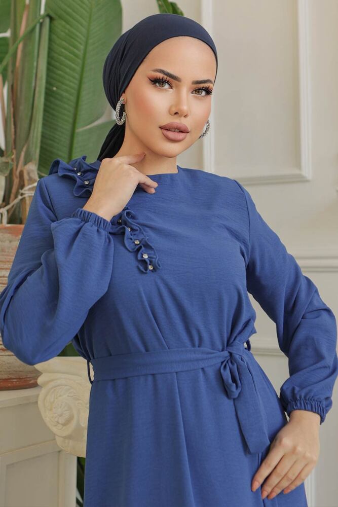 Neva Style - Kemerli İndigo Mavisi Tesettür Elbise 659IM - 4