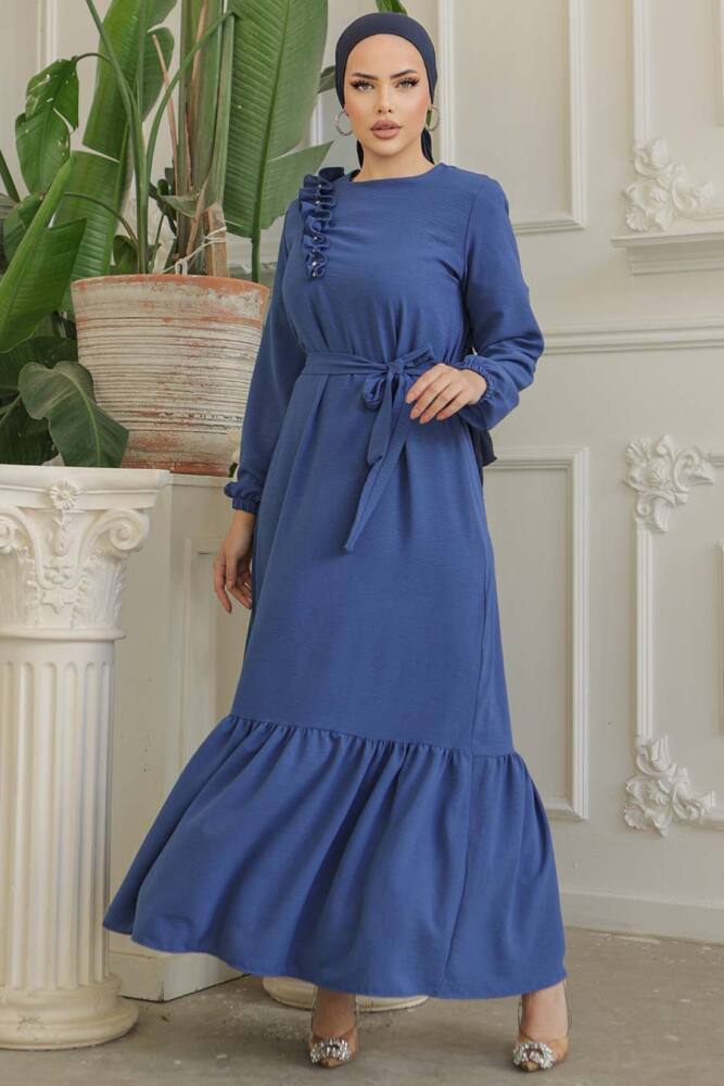 Neva Style - Kemerli İndigo Mavisi Tesettür Elbise 659IM - 3