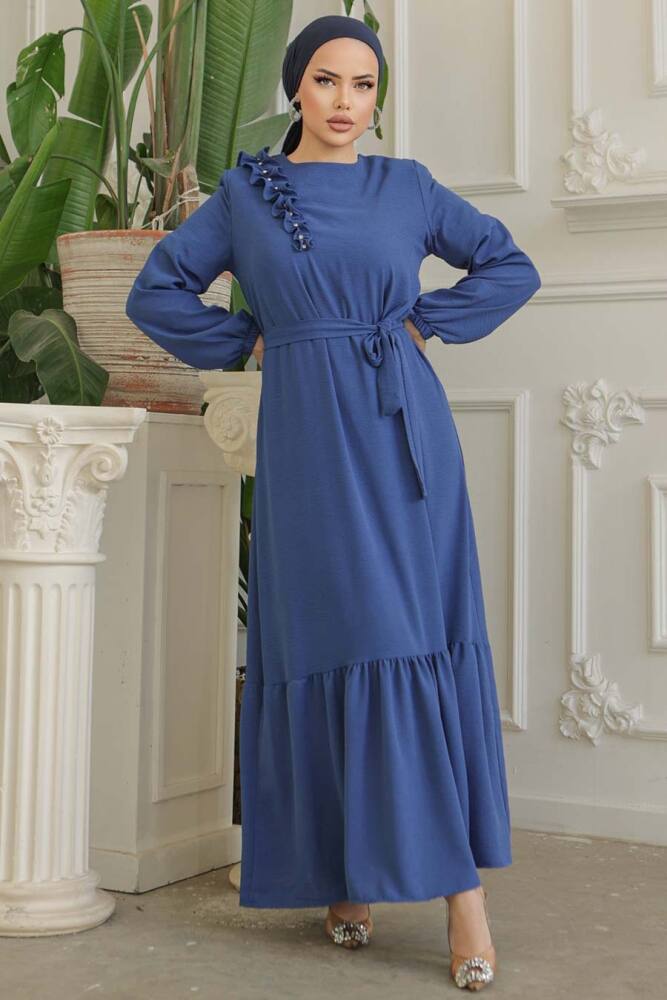 Neva Style - Kemerli İndigo Mavisi Tesettür Elbise 659IM - 2