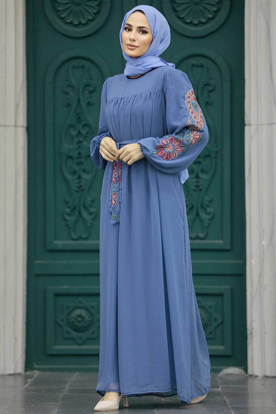 Neva Style - Kemerli İndigo Mavisi Tesettür Elbise 8889IM