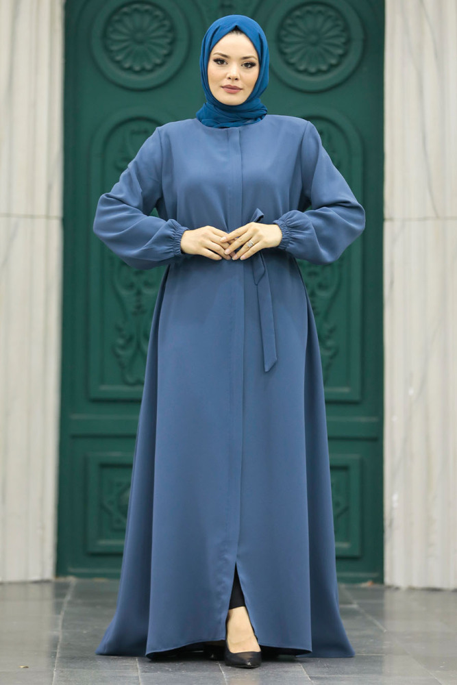 Neva Style - Kemerli İndigo Mavisi Tesettür Ferace 62534IM - 2