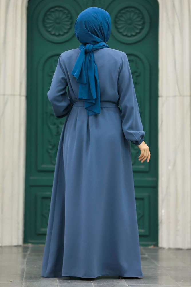 Neva Style - Kemerli İndigo Mavisi Tesettür Ferace 62534IM - 3