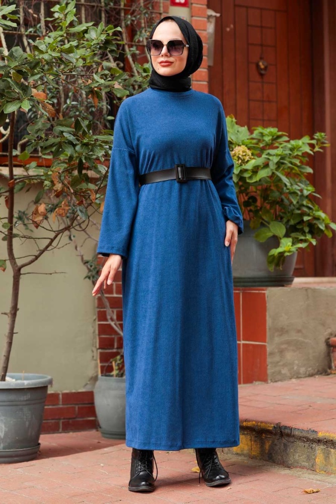 Neva Style - Kemerli İndigo Mavisi Tesettür Triko Elbise 5190IM - 1