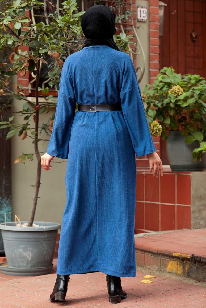Neva Style - Kemerli İndigo Mavisi Tesettür Triko Elbise 5190IM - 2