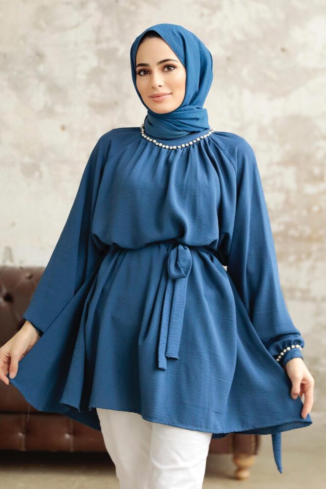 Neva Style - Kemerli İndigo Mavisi Tesettür Tunik 597IM - 1