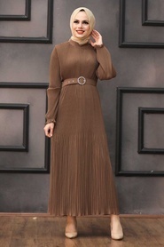 Neva Style - Kemerli Kahverengi Tesettür Elbise 2751KH - Thumbnail