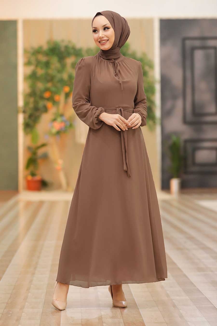 Neva Style - Kemerli Kahverengi Tesettür Elbise 27922KH