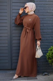 Neva Style - Kemerli Kahverengi Tesettür Elbise 30013KH - Thumbnail