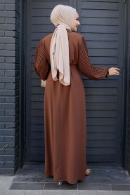 Neva Style - Kemerli Kahverengi Tesettür Elbise 30013KH - Thumbnail