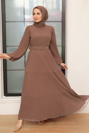 Neva Style - Kemerli Kahverengi Tesettür Elbise 3590KH - 1